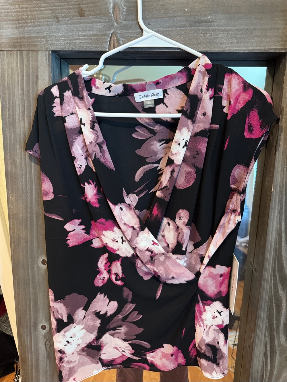 Calvin Klein Black Pink Floral Draped Blouse